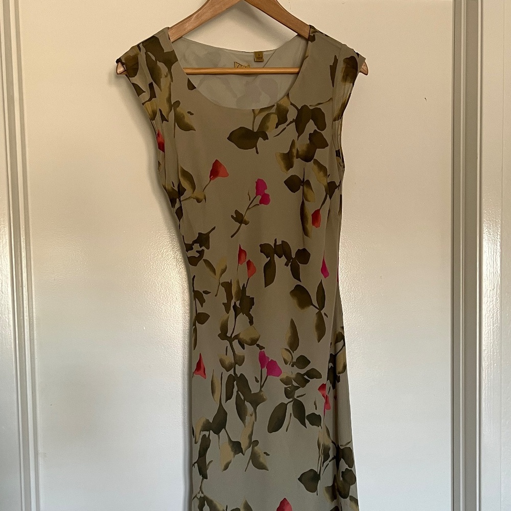 Silk Dress, Flower Pattern, Green, Size 6